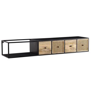 Lowboard TV-bord til væggen, massivt træ og metal, 150x25x35 cm, sort og naturfarvet