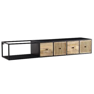 Lowboard TV-bord til væggen, massivt træ og metal, 150x25x35 cm, sort og naturfarvet