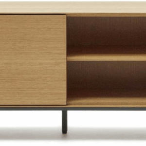 TV-bord Kave Home Vedrana natur/sort 195 x 40 x 55 cm - egetræsfinér og stål, 3 push-to-open låger