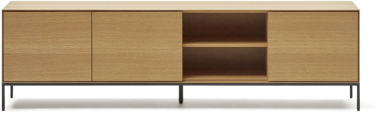 TV-bord Kave Home Vedrana natur/sort 195 x 40 x 55 cm - egetræsfinér og stål, 3 push-to-open låger